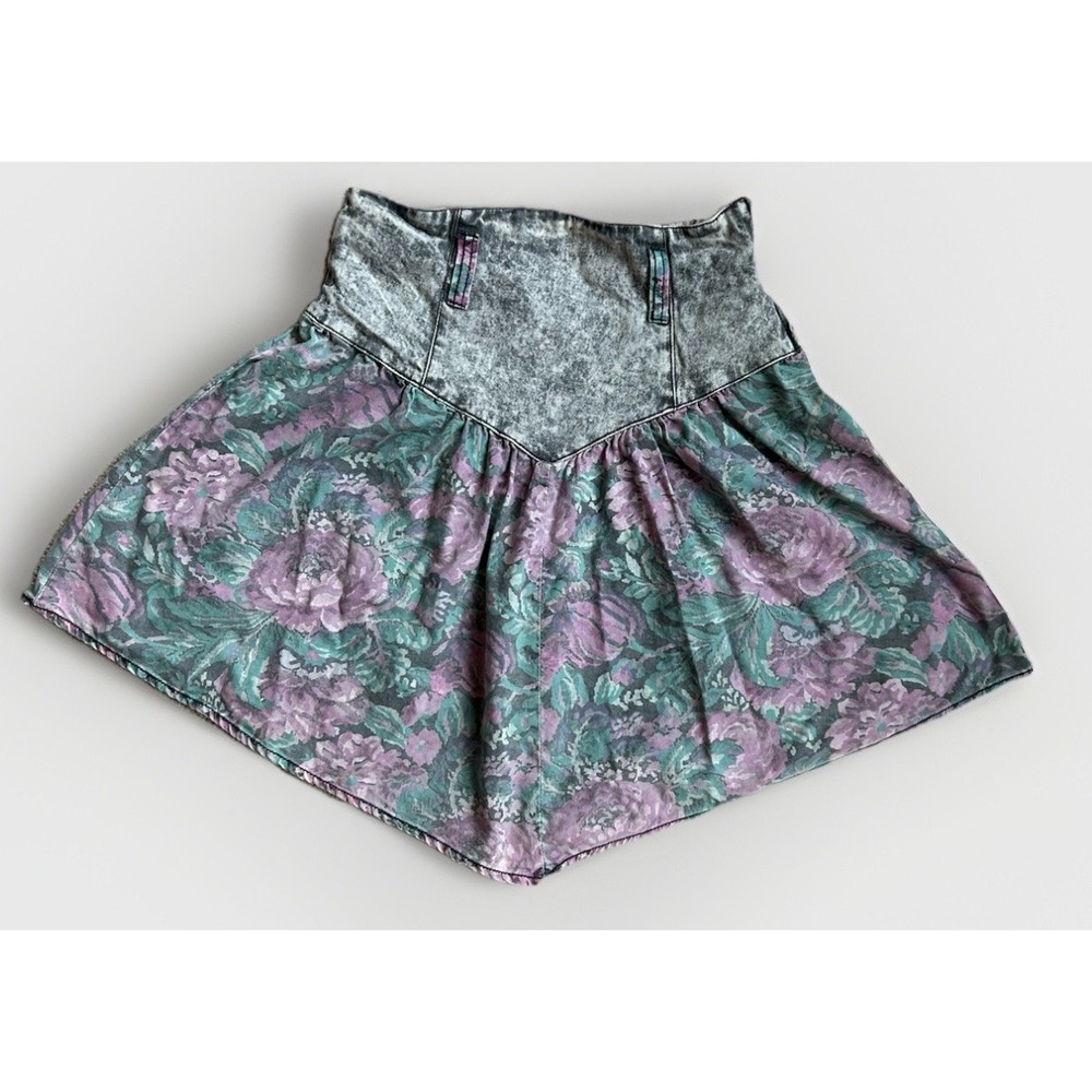 Vintage 80s 90s Acid Wash Floral Mini Skirt S Basque Boho Retro Yoke Ruffle